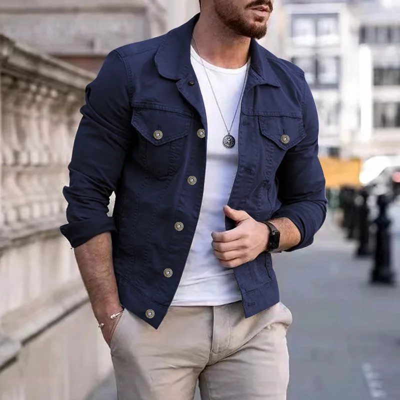 Spring Autumn Men's Denim Jacket Classic Lapel Double Chest Pockets Solid Color Slim Long Sleeve Jean Outerwear For Men
