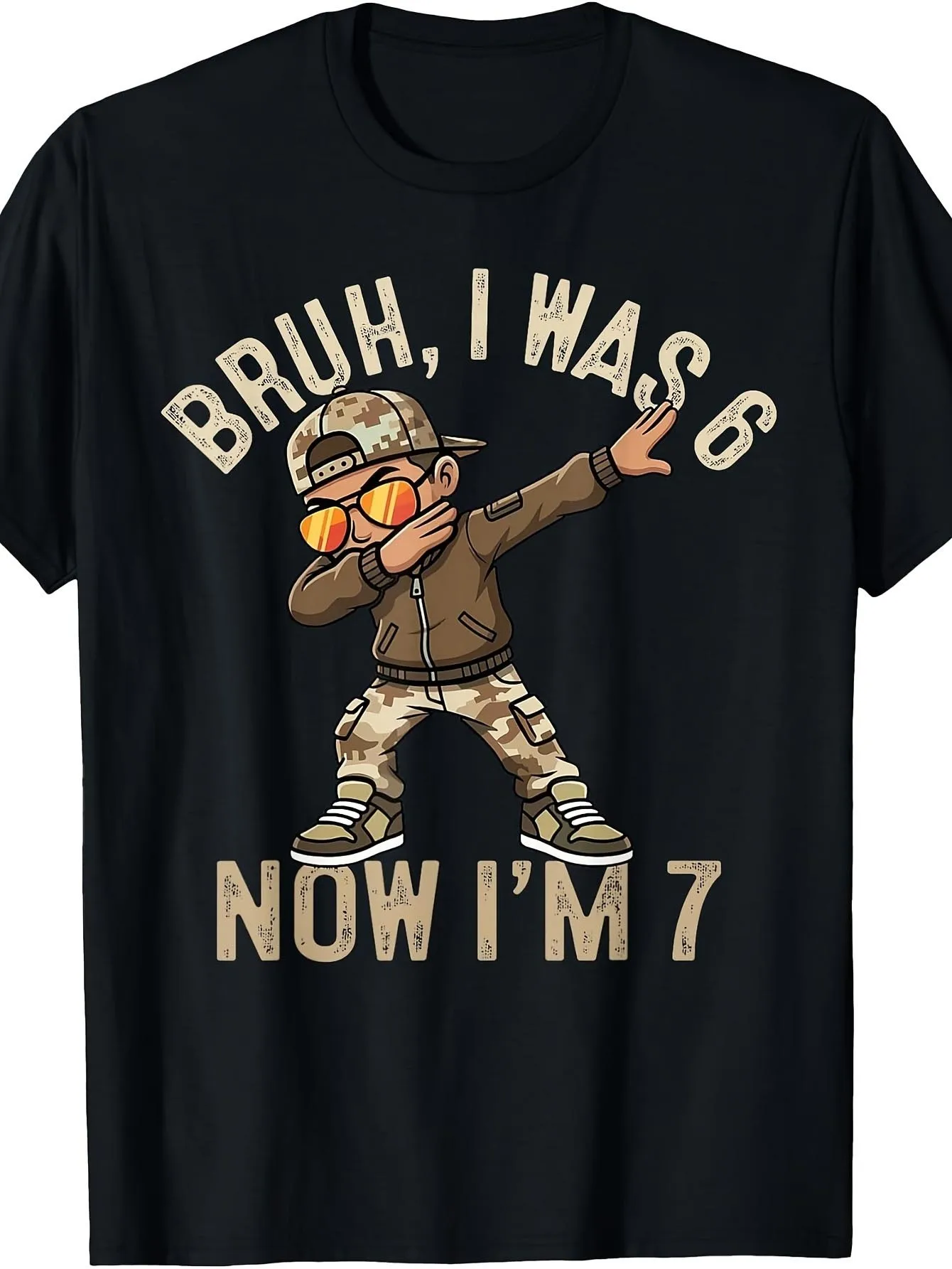 BRUH, I WAS 6 NOW I’M 7 Cartoon Character Fun Black T-Shirt - Trendy Dab Pose Design with Camouflage Cap, Sunglasses & Jacket - Ideal for Kids Birthday Celebrations & Age Milestones