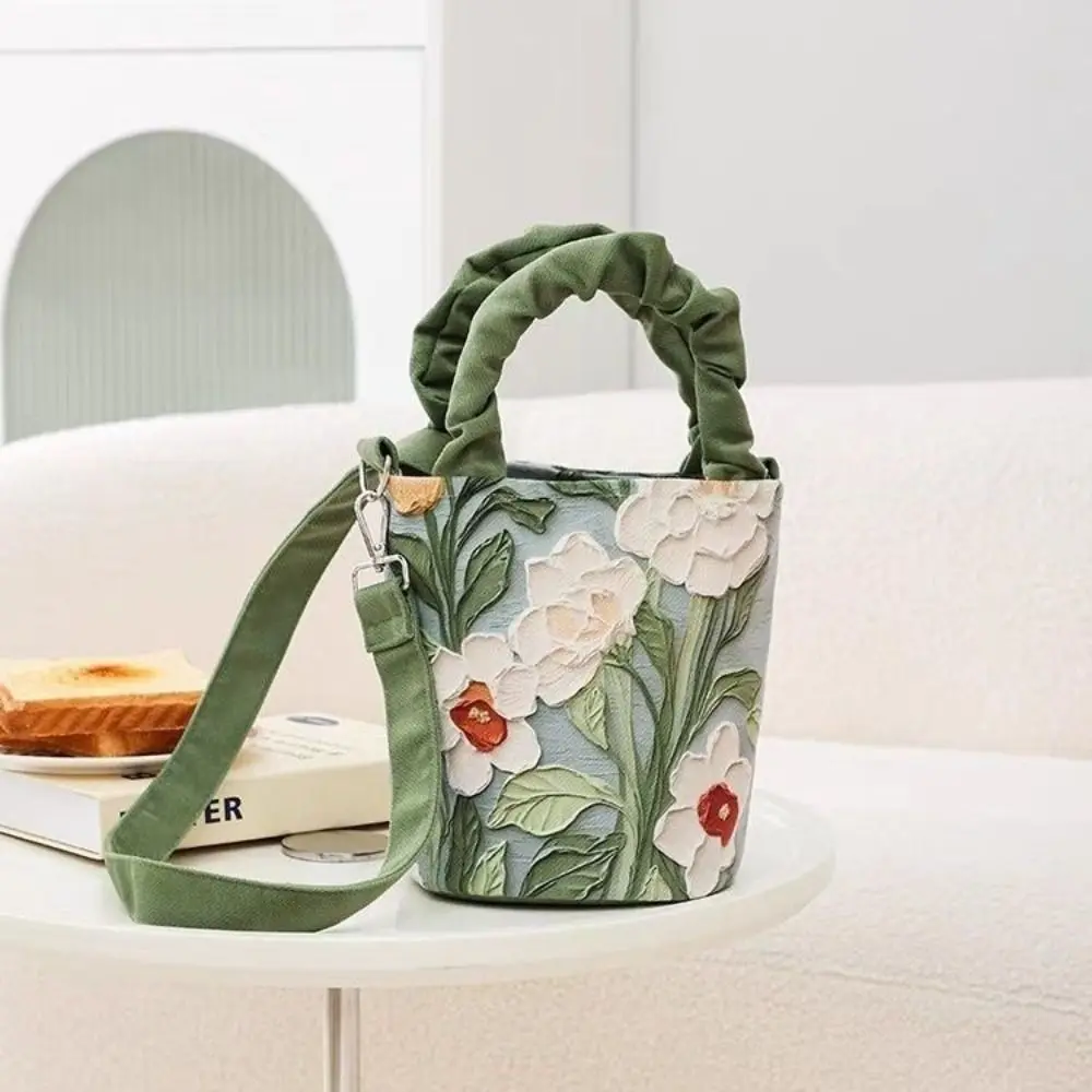 Korean Style Oil Painting Bucket Bag Large Capacity Butterfly Flower Pattern Shoulder Bag Floral Handbag Fresh Crossbody Bag