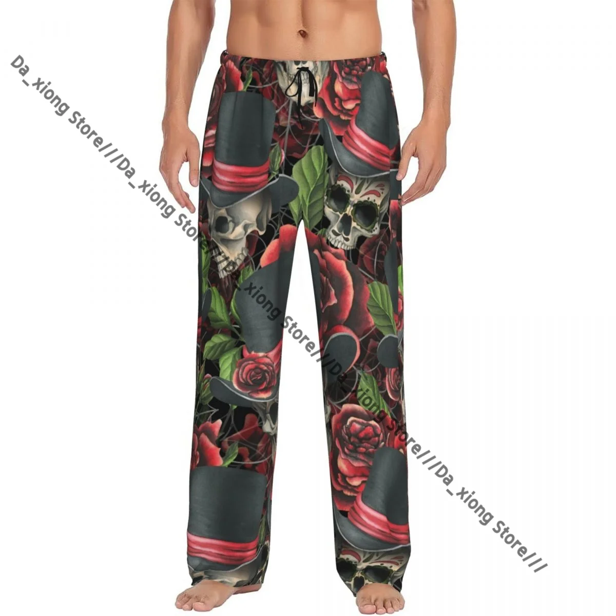 Men's Sleepwear Loose Sleep Pants Pajamas Human Skull In A Top Hat With Red Roses Cobwebs Long Lounge Bottoms Casual Homewear