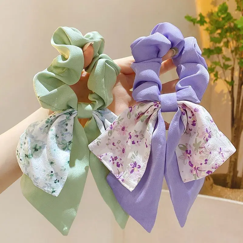 New Floral Print Satin Bow Hair tie Scrunchies Long Ribbon Ponytail Scarf women Girls Elastic hair Bands Hair accessories