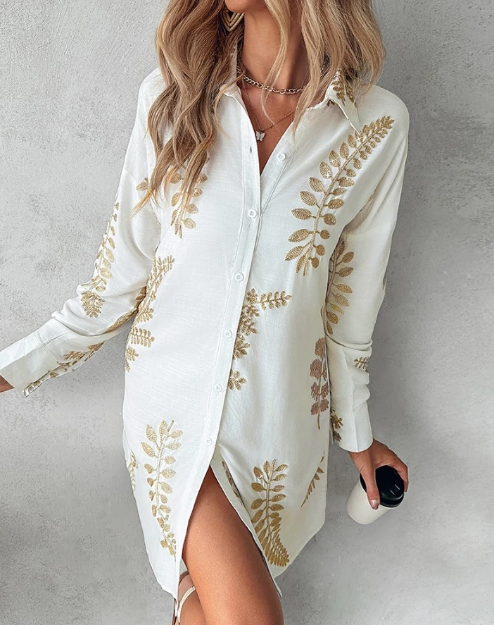 

Hot Selling New Leaf Embroidered Long Sleeved Shirt Obedient and Pretty Girl Dress