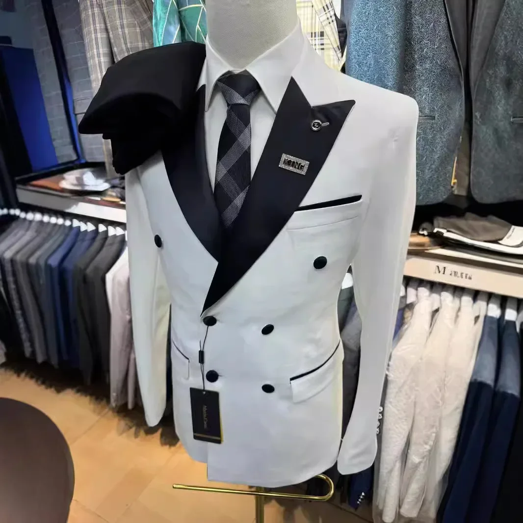 Trajes formales para hombre, esmoquin de novio de doble botonadura, 2 uds., para boda, solapa de pico, traje de moda masculina, chaqueta con pantalones