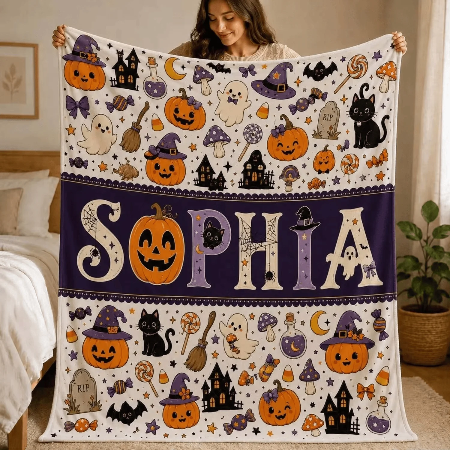 Halloween Flannel  Blanket Pumpkin Ghost Print Super Warm Cozy for Bed Sofa Living Room Home Decoration Holiday Gift