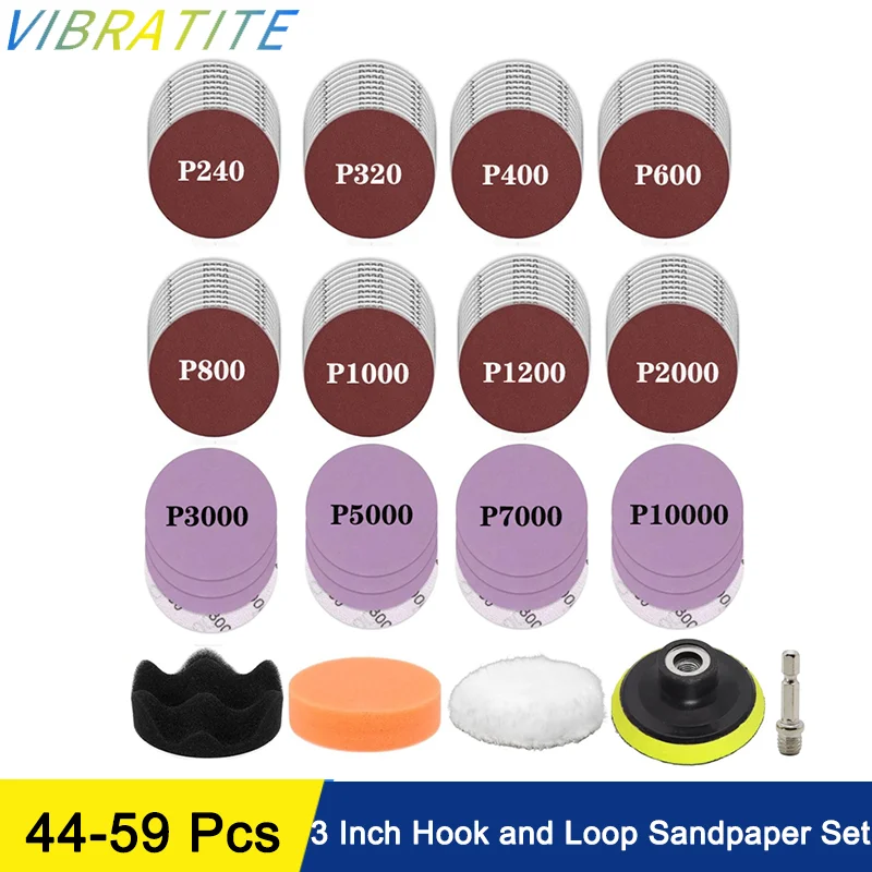 3 Inch Red and Purple Sandpaper Set 75 mm 44-59 Pcs Assorted 240-10000 Girt with Polishing Sponge Wool Polishing Pad for Metal