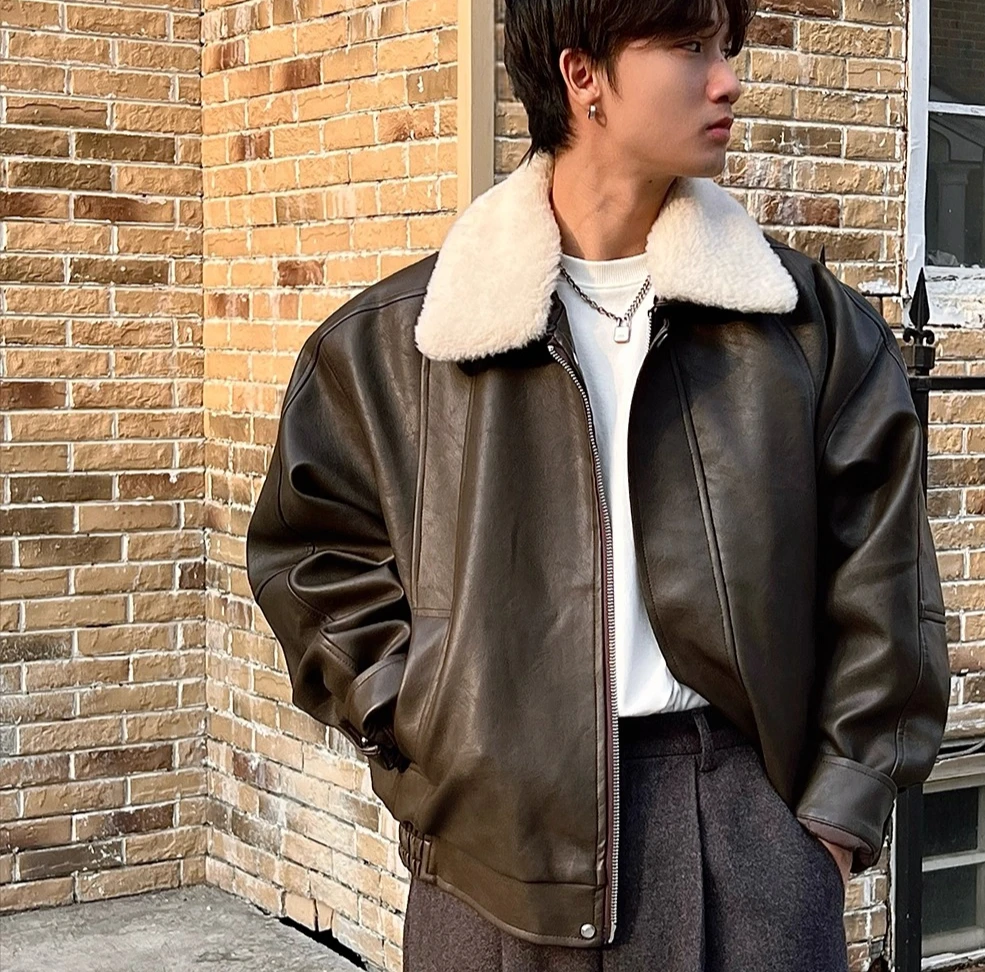 Men's 2025 Winter New Long Sleeve Lapel Motorcycle Jackets Men's PU Leather Parkas Warm Loose Comfort Fashion Faux Leather Coats