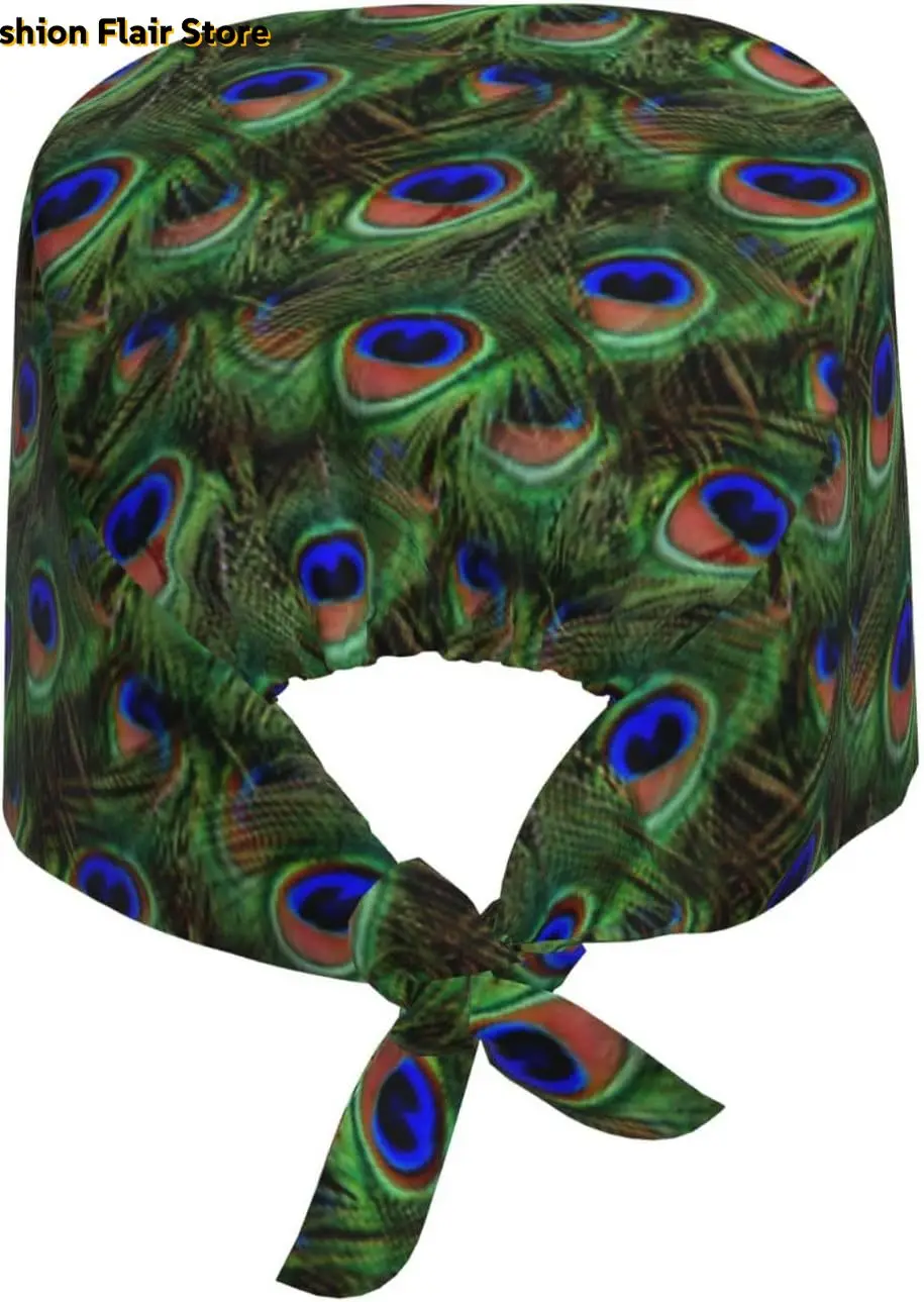 Peacock Feathers Working Cap Scrub Cap with Sweatband Adjustable Unisex Women Tie Back Hat Nurse Caps