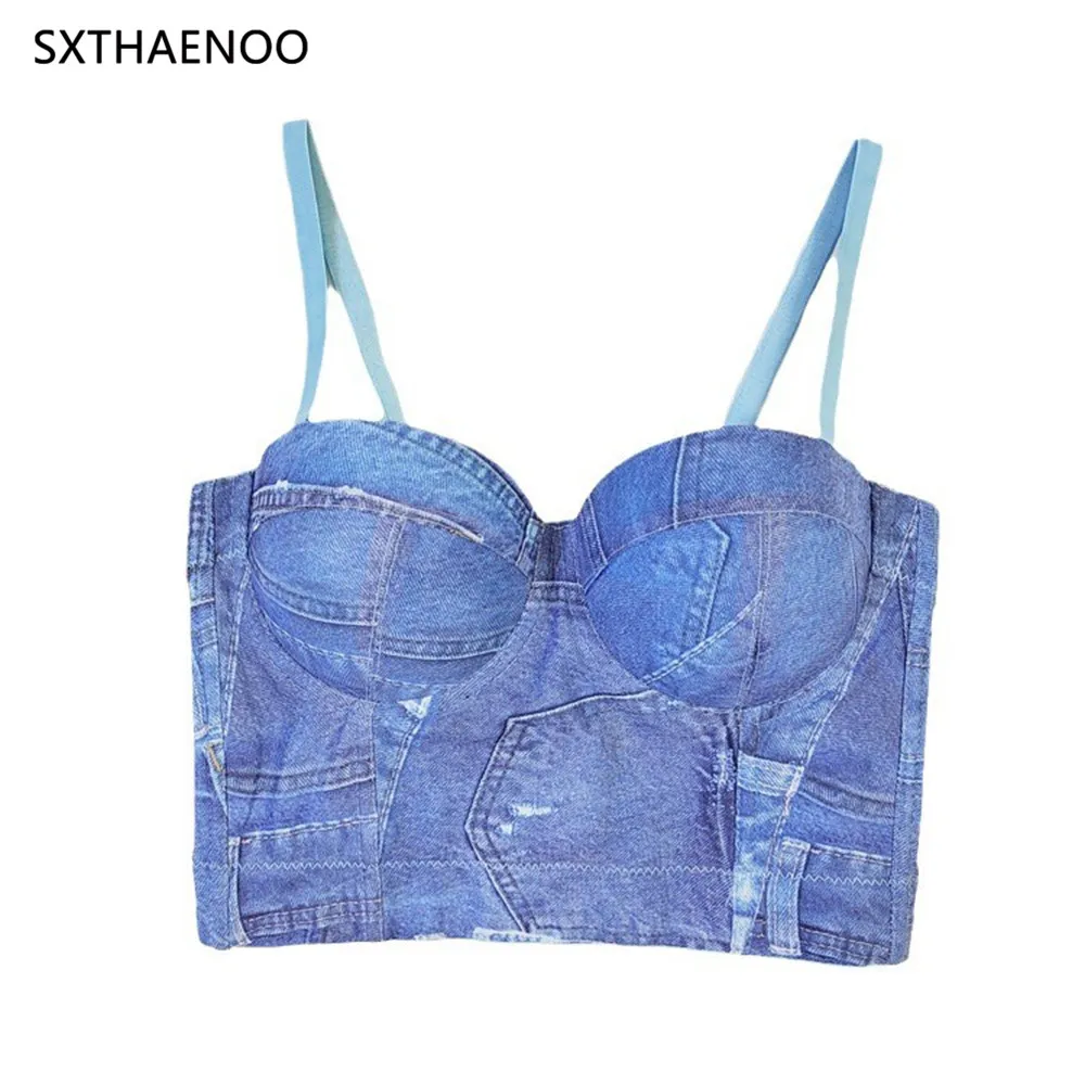 

SXTHAENOO 2024 Denim Y2k Tops Corset Streetwear Sexy Club Bastet Party Fashion Clothes Night Club Stage Dance Women Clothing