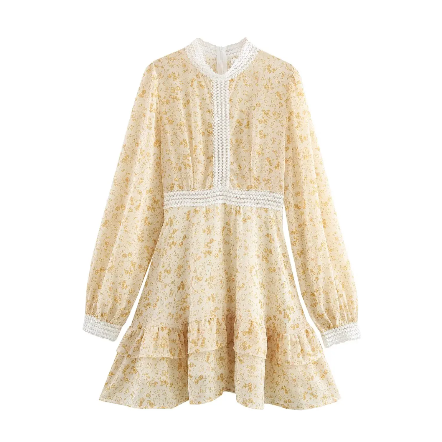 2025 خمر تقسم الدانتيل الأزهار طباعة نفخة الأكمام فستان قصير من الشيفون امرأة الخصر النحيف ألف خط هيم فساتين الصيف الصغيرة رداء #2