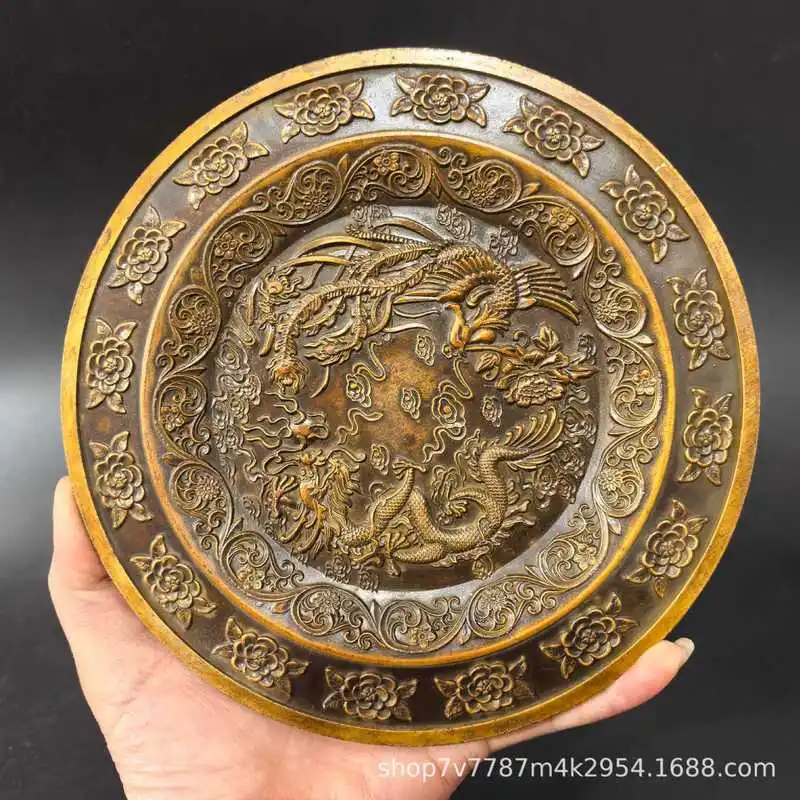 Antique-style brass craft with aged patina, dragon and phoenix auspicious ornament for home decoration