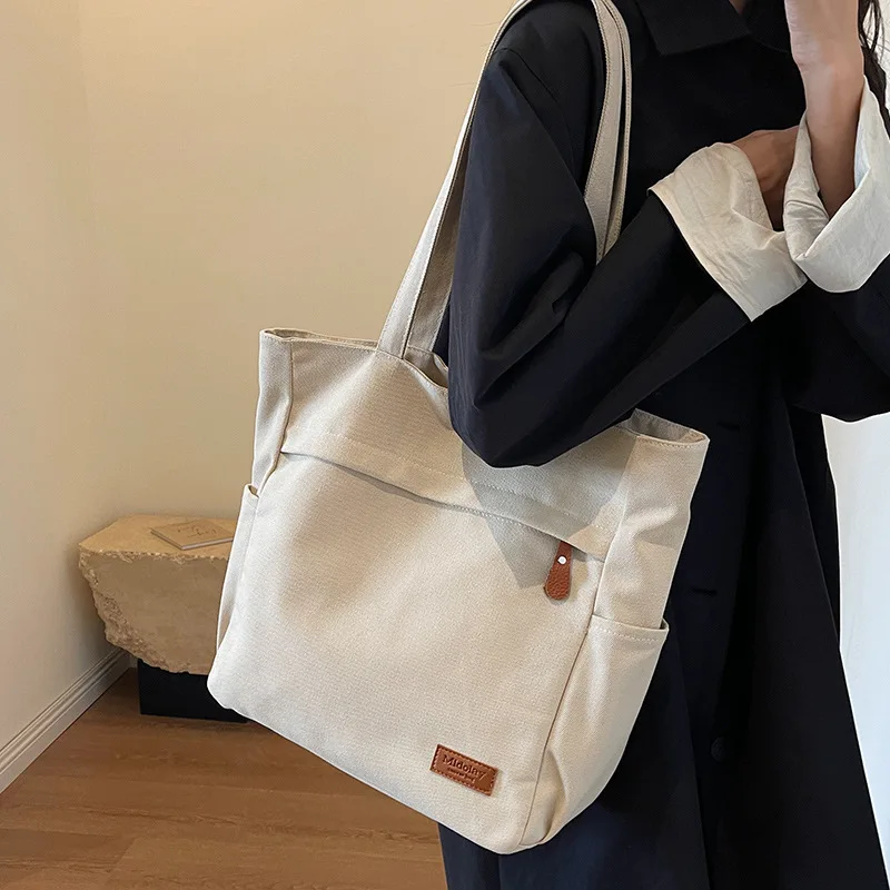 Large Canvas Tote Bag With Zipper, Versatile Solid Color Shoulder Bag, Spacious Travel Handbag For School And Work