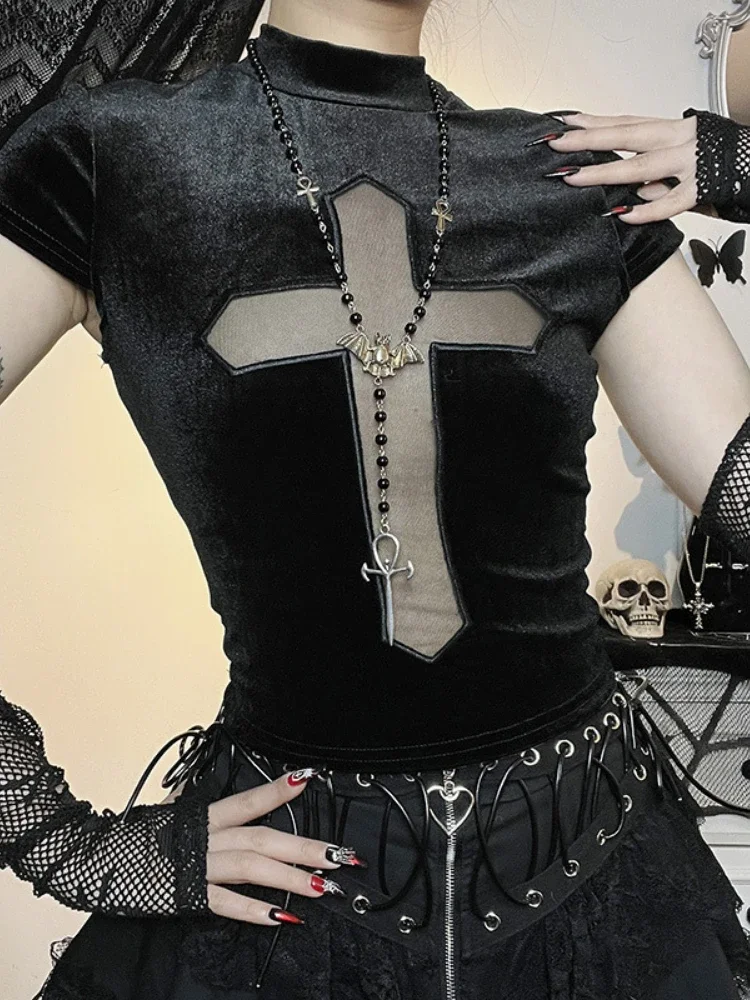 Dark Goth Cross Sheer Mall Gothic Women T-shirts Grunge Aesthetic Punk Sexy Emo Black Top Streetwear Fashion Alternative Clothes