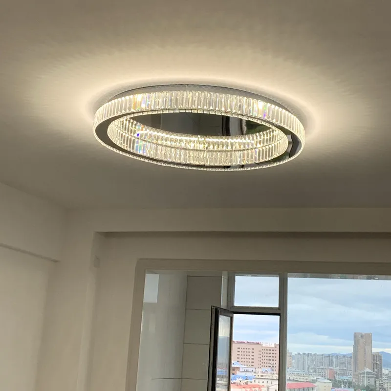 Modern Luxury Crystal LED Ceiling Light Living Room Kitchen Island Lamp Stainless Steel Round Chrome Ceiling Lighting Fixtures