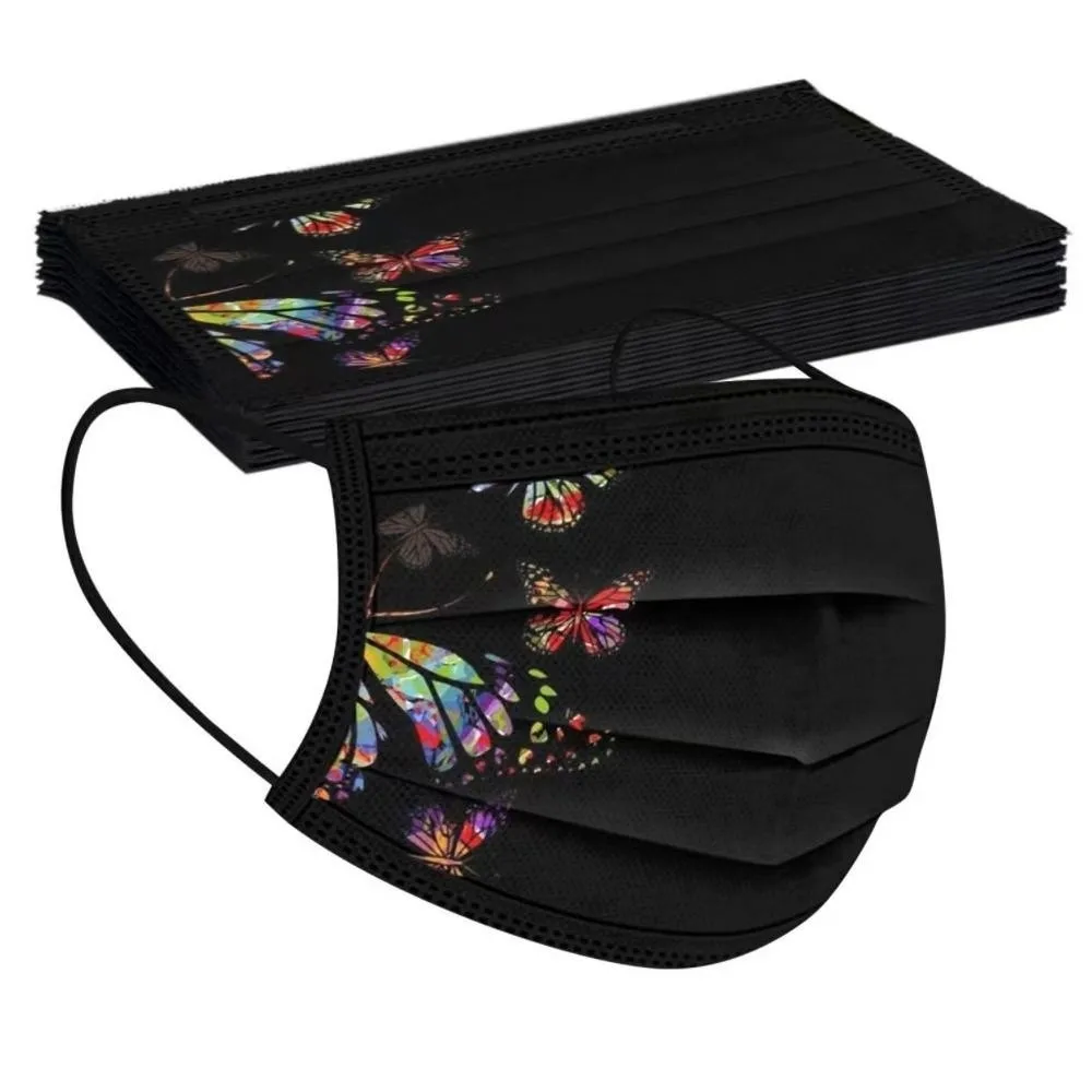 10pcs Colorful Butterfly Print Disposable Face Mask Three-layer Non-woven Fabric Anti Dust Mask Skin Friendly Black