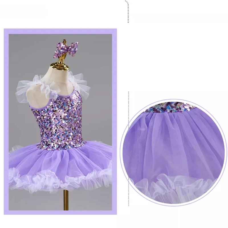 THEEPER Purple Sequin Ballet Tutu Dress for Girls, Leotard with Bow Headband Fairy Dance Dresses for Kids Dance Outfit for Girls view 3