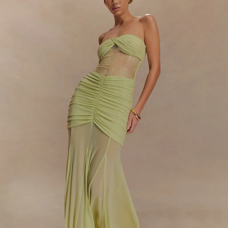 Elegant Strapless Lace Patchwork Double Layer Tight Long Dress Women Sexy Backless Sheer Party Club Bodycon Vestidos 2026 New