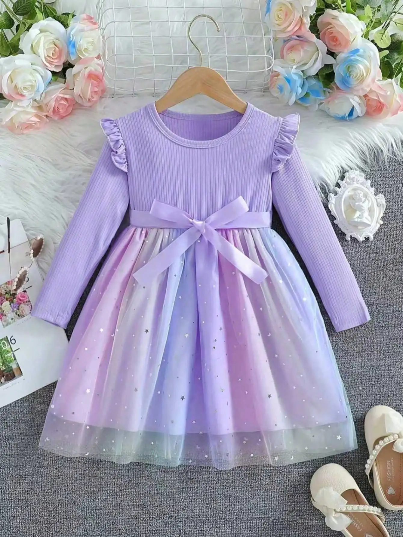 Gradient chiffon long sleeved dress, silver star sequins and bow details, autumn and winter cartoon pattern princess dress