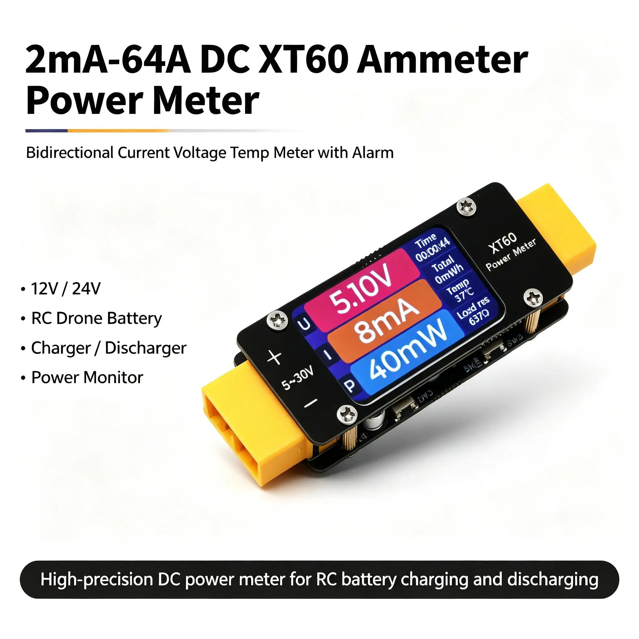 DYKB Power Meter 2mA-64A DC XT60 Ammeter Bidirectional Current Voltage Temp w/ Alarm 12V 24V RC drone battery Charger Discharger