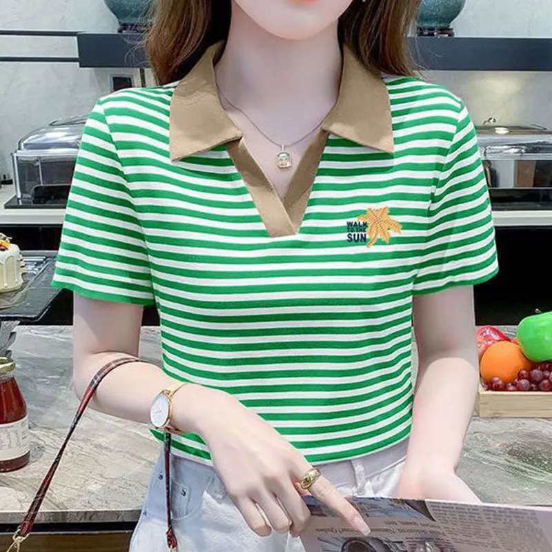 Women's Striped Polo Collar T-Shirt, Short Sleeve T-Shirt, Casual Tops, All-match, Simple, Office Lady, Summer Fashion