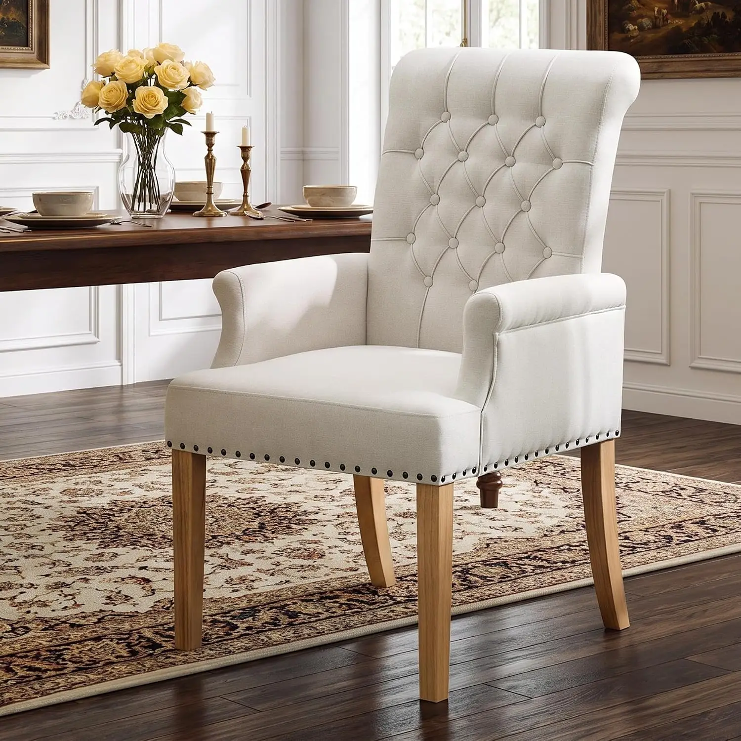 Fabric Fabric Dining Chair with Arms, Tufted High Back Accent Armchair, Wood Leg & Nailhead Trim, Kitchen Living Room, Beige, Customize - Aliexpress Deal
