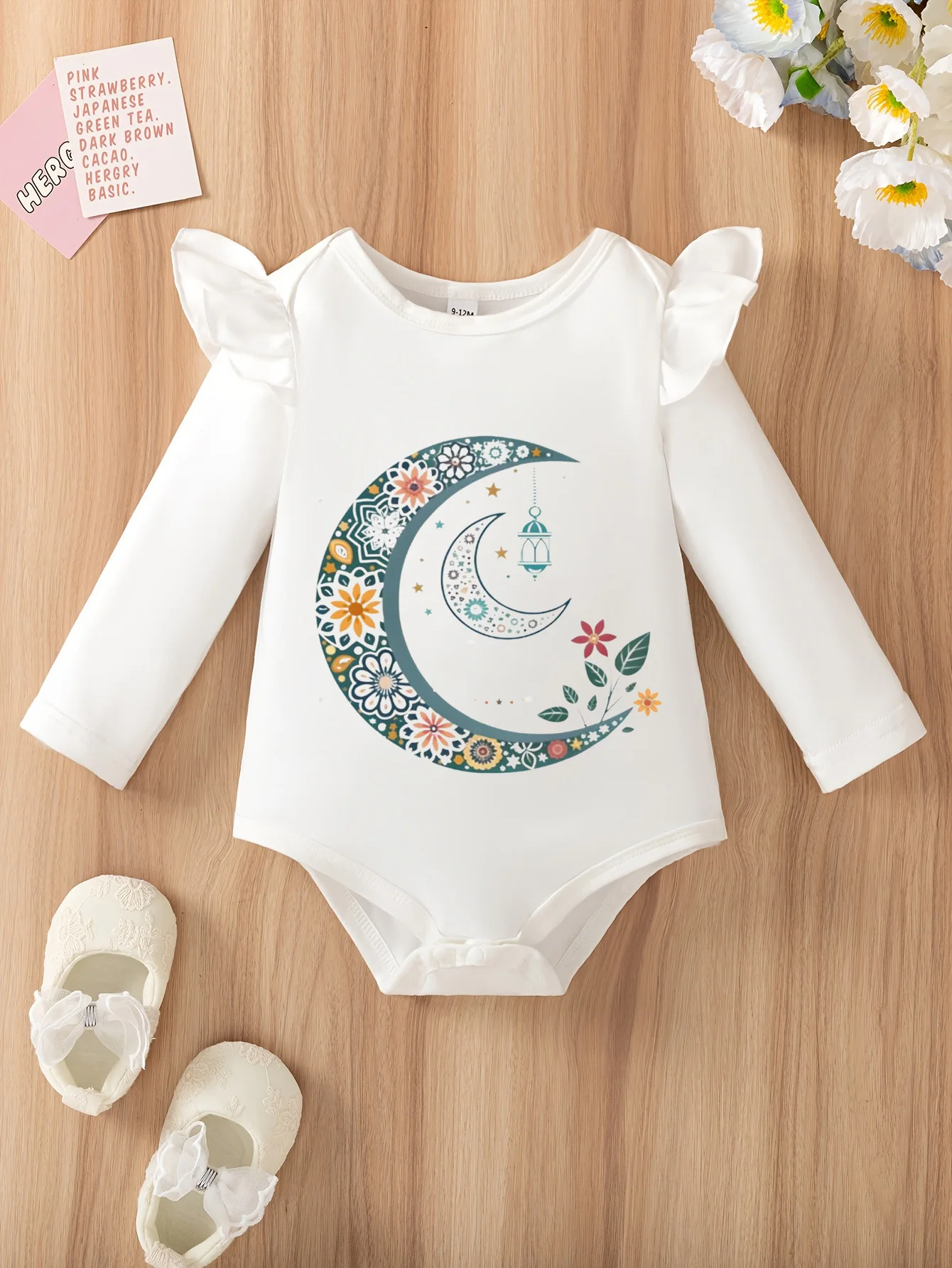 Ruffled Sleeves & Floral Crescent: White Bodysuit—Ramadan’s Cute Delicate Baby