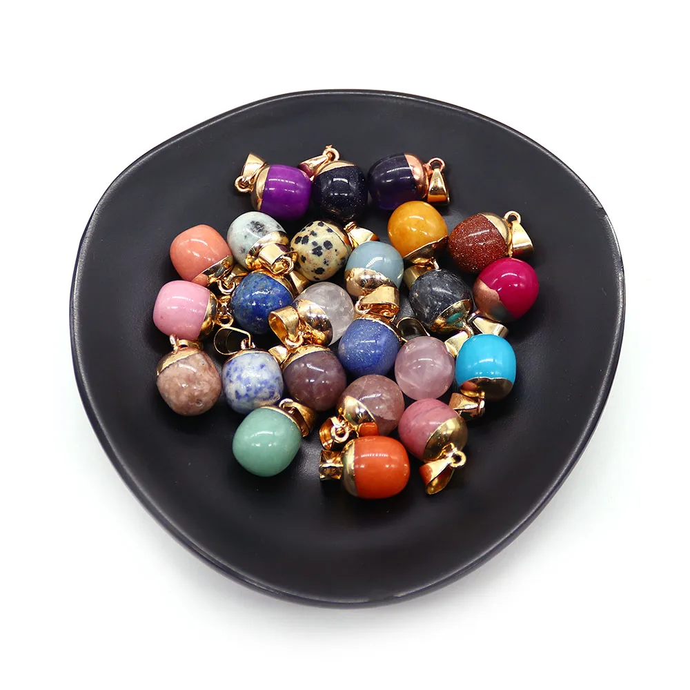 Small Round Ball Natural Stone Polished Black Agate Semi-wrapped Single-hole Pendant Handmade Necklace Jewelry Accessories
