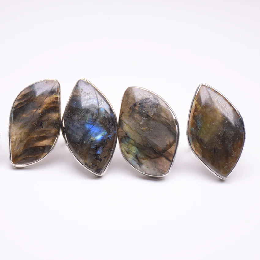 Natural Labradorite Ring Healing Stone Gems Crystal Silvery Resizable Finger Rings Men Women Fashion Jewelry Dropshipping