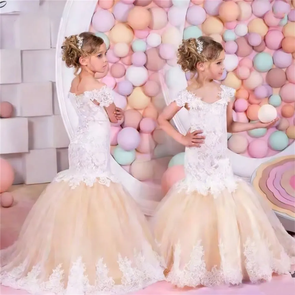

Luxury Lace Flower Girl Wedding Dress Princess Birthday Party Dress Bridesmaid Prom Mermaid Frock Kids Host Banquet Ball Gown