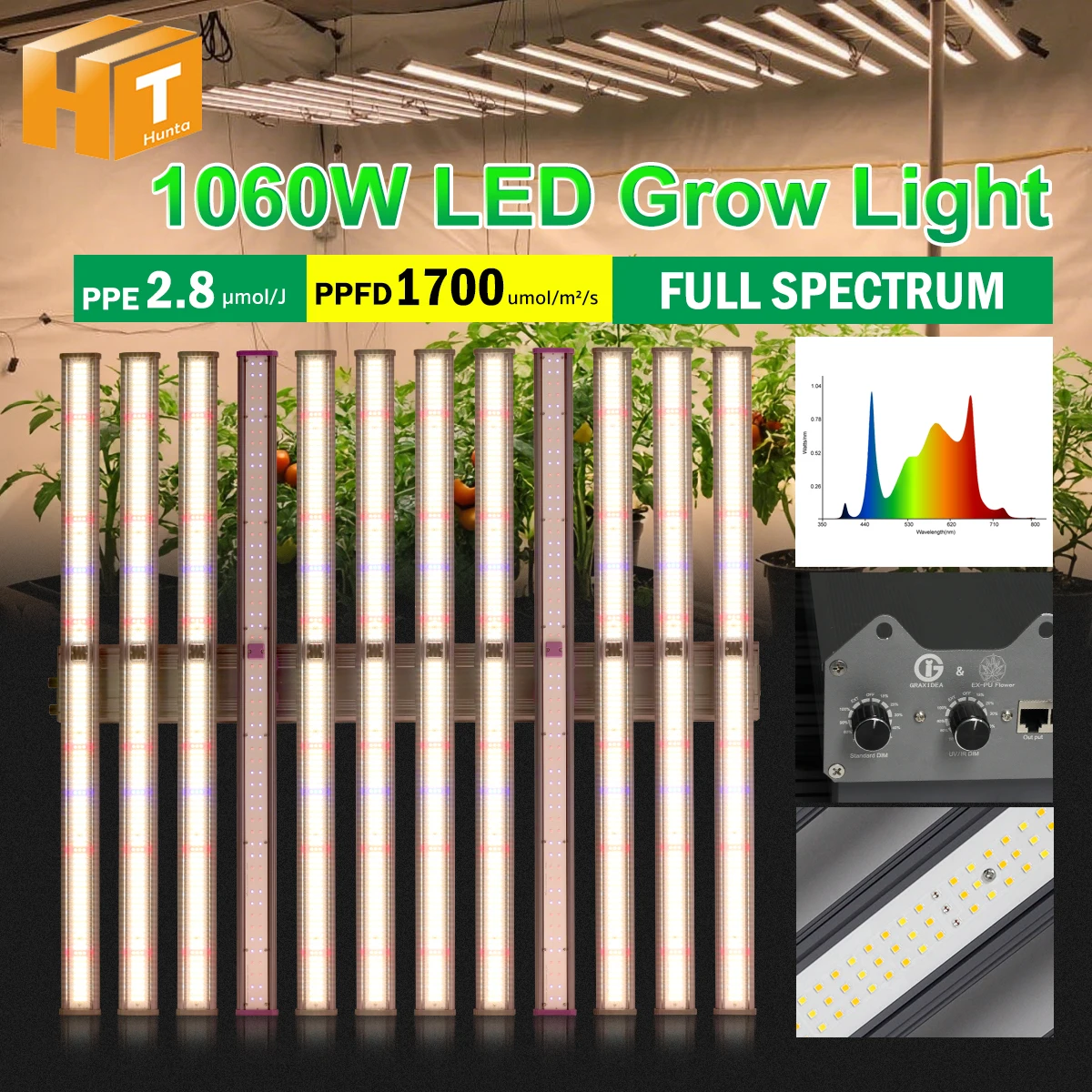 Lampada LED per Coltivazione a Spettro Completo 1060W Lm281B&Osram 3000K 5000K 730Nm 395Nm 1700Umol/ ㎡ Lampada per Coltivazione Dimmerabile ad Alto PPFD per Piantine