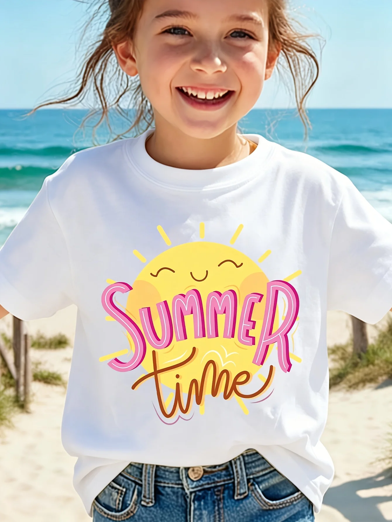 Kids Summer Time Cute Smiling Sun Cartoon Graphic Tee Boys Girls Family Matching Short Sleeve Beach Holiday Casual Daily T Shirt