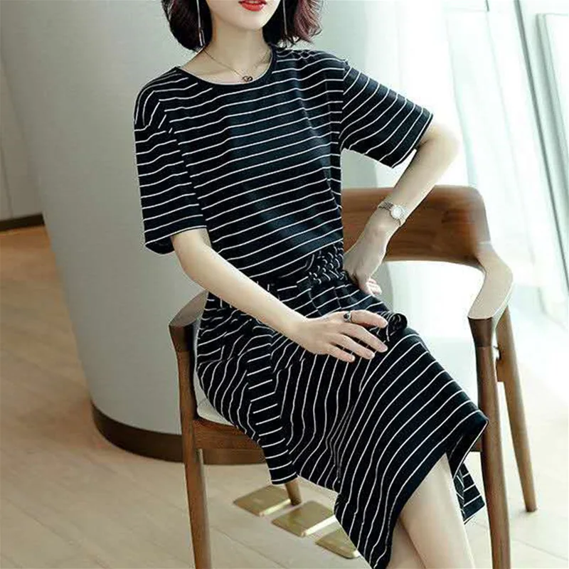 Striped Dress Women\'s Mid Length Frock Tied Waist Slimming T-shirt Dress Round Neck Fitted Female Clothing Summer Short Sleeved