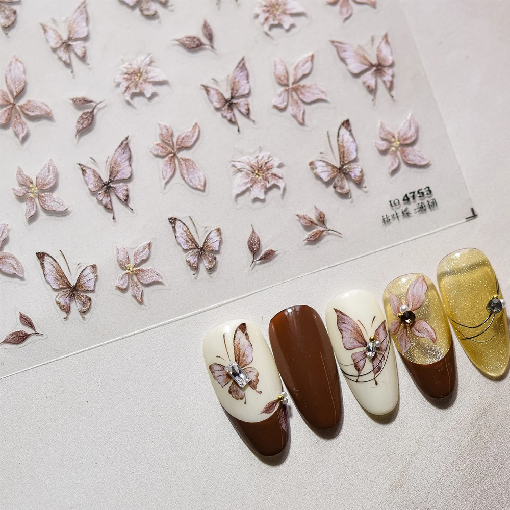 

5D Autumn Leaf Butterfly Flower Petal Nail Art Stickers Realistic Veined Wing Insect Self Adhesive Decoration Manicure Decal DIY