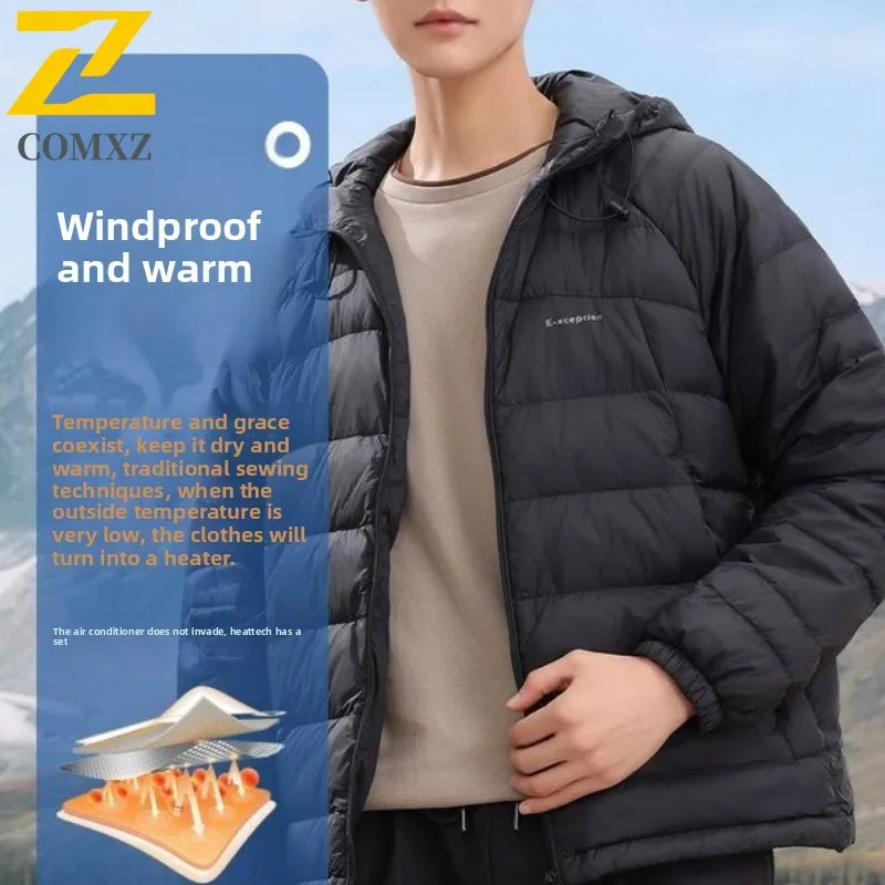 

COMXZ Outdoor Lightweight Hiking Down Coat for Men Fashion Casual Hooded Down Jackets Solid Color Male Clothing Winter Warm 2025