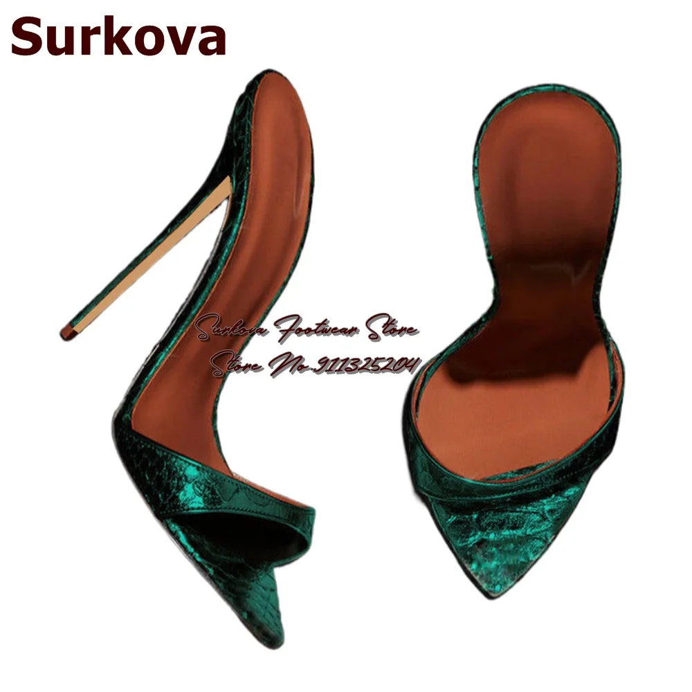 Surkova Emerald Green Snakeskin High Heel Modern Slippers Women Pointed Toe Stilettos Mules Slip-On Evening Pumps Size45