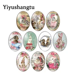 Cartoon flowers rabbits cute animals 10pcs mixed 13x18mm/18x25mm/30x40mm Oval photo glass cabochon flat back Making findings