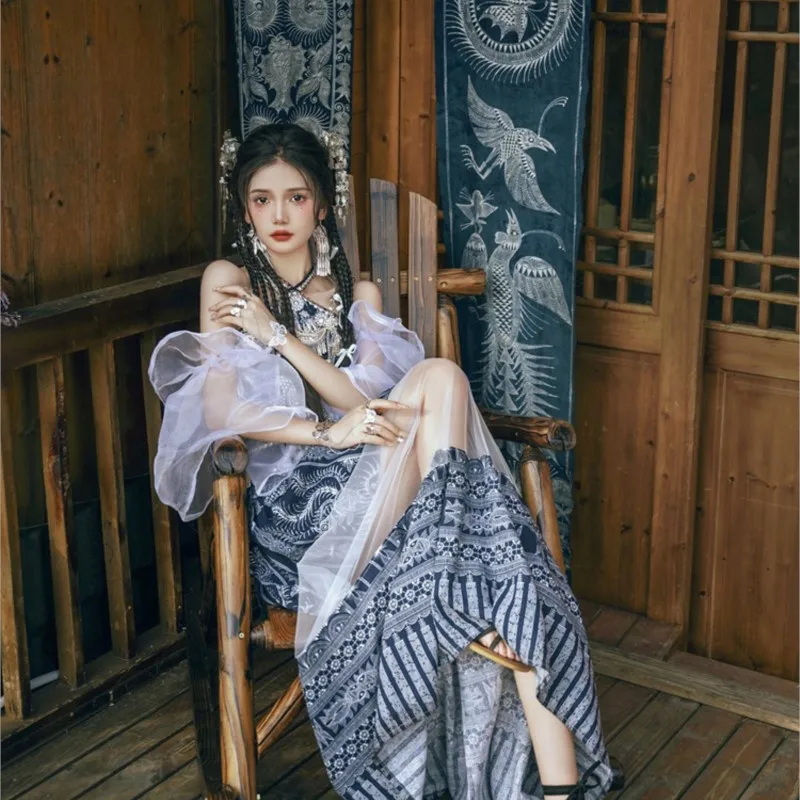 New dress national batik with chest long skirt and bubble sleeve clothing style photography performance