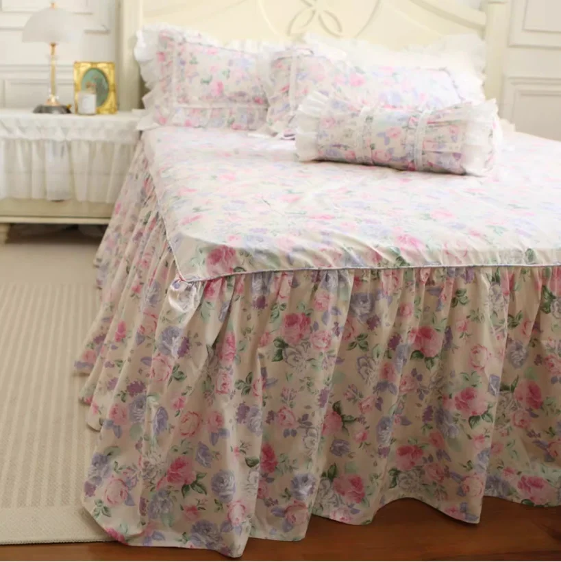 Rose Printed Bed Cover Cotton Bed Sheet in Queen Size Skirt Design Flower Bed Sheets Couvre Lit Colchas Handmade Coverlets