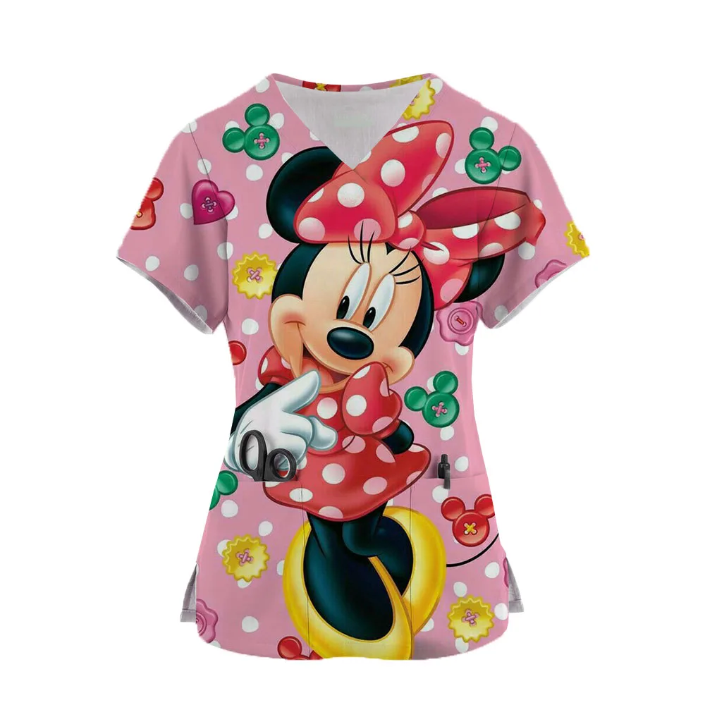 Disney Mickey Mouse Print Working Scrubs Tops Pet Grooming Uniforms Minnie Beauty Salon Work Clothing Pet Beauty Uniform