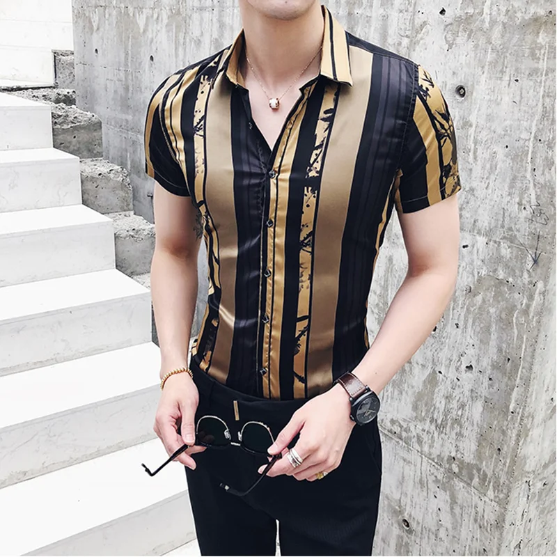 

High Quality Stripe Printed Shirts Men 2022 Summer Short Sleeve Fashion Designer Party Prom Shirt Stylish Gold Slim Fit Shirts