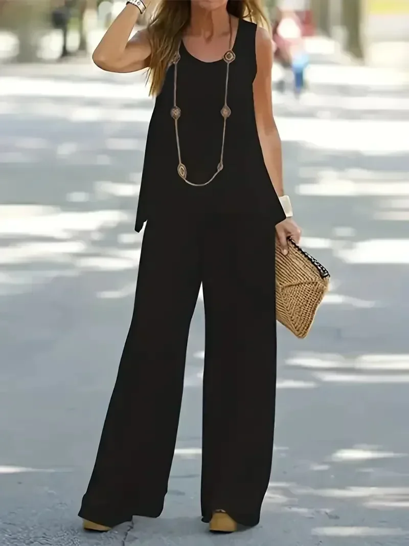 

Plus Size 1XL-5XL Women's Two Piece Set Solid Top Wide Leg Pants Outfits 2 Piece Set Round Neck Casual Outfits Tank