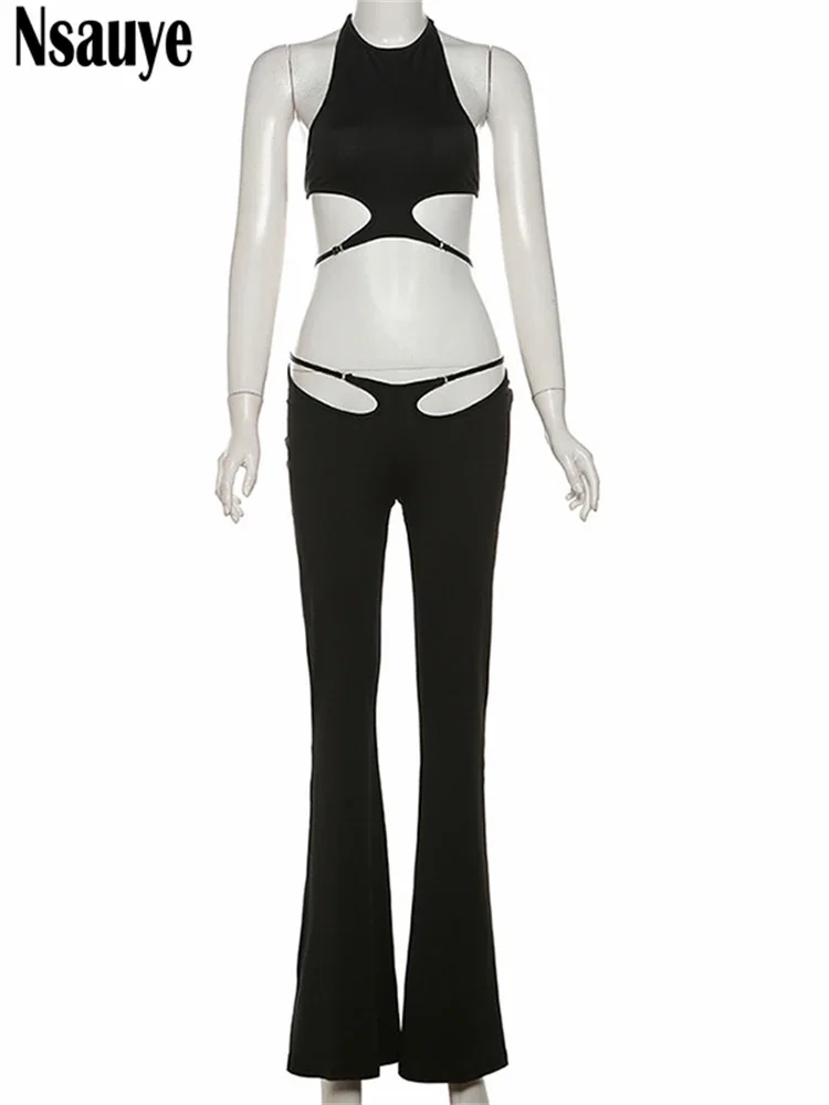 Nsauye Zwart Sexy Streetwear Mode Casual Dames Trainingspak Slanke Club Crop Tops En Uitgesneden Zomer Y 2K Lange Broek Tweedelige Set