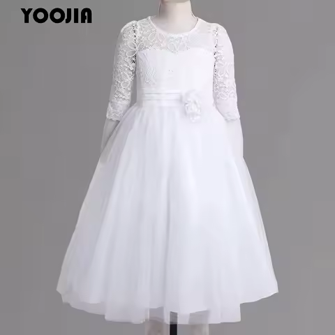 Flower Girls Lace 3/4 Sleeve Dress Wedding Bridesmaid First Communion Evening Party Tulle Dress Kids Princess Pageant Ball Gown