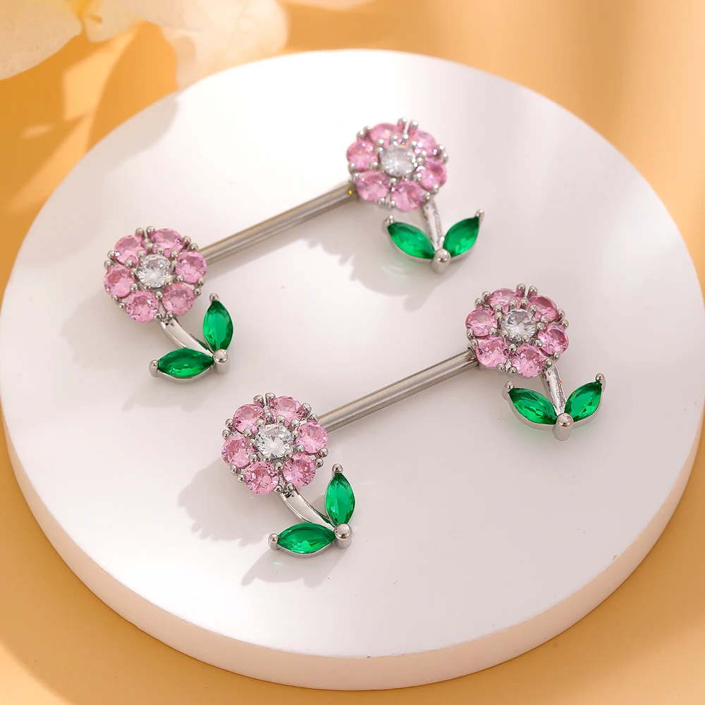 2PCS 14G Red Zircon Flower Cherry Sexy Nipple Piercing Shield Cover Barbell for Women Girls Heart Dangled Nipple Rings Jewelry