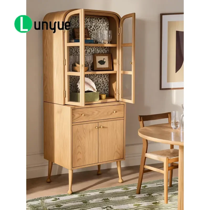 American Retro Arched Solid Wood Side Cabinet with Glass Door and Drawer Antique French Design for Small Apartment Living