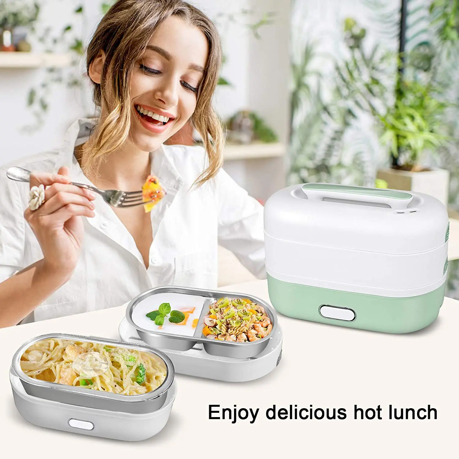 Gorąca Wyprzedaż: Elektryczny pojemnik na jedzenie z grzałką 350W, stal nierdzewna 304, elektryczny podgrzewacz do gotowania jedzenia, 2-warstwowy elektryczny lunch box