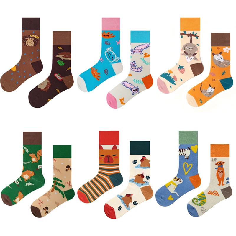 Original Design 7 Styles AB Trend Cotton Funny Crew Socks Unisex Cute Animal Cartoon Irregular Socks Women Men Couple Long Socks