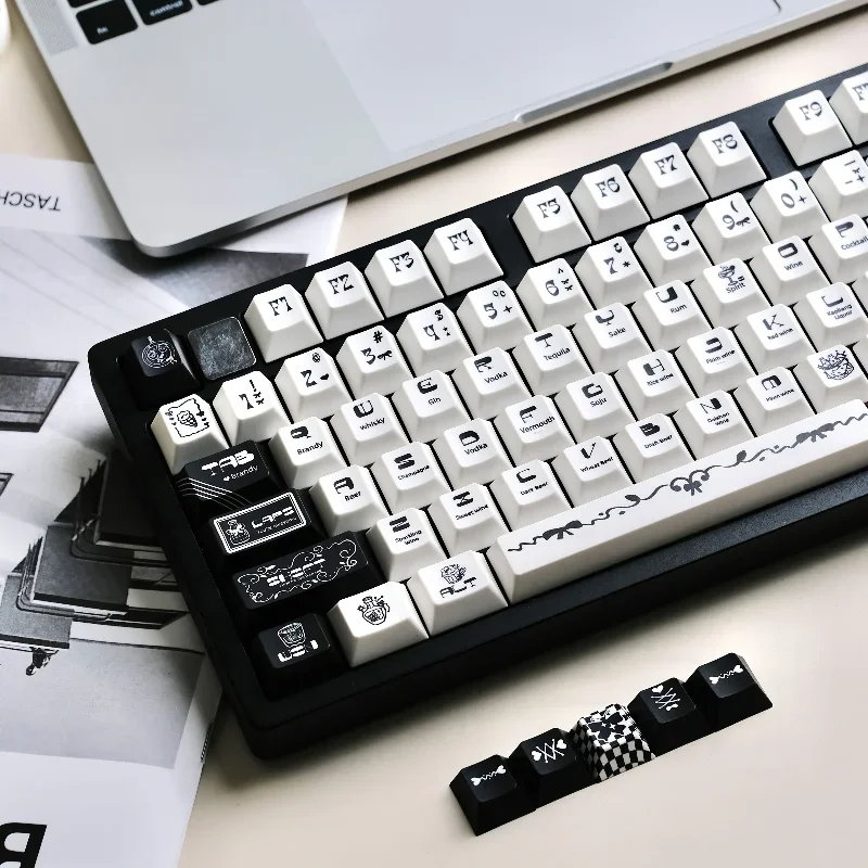 

Slightly Tipsy Theme Keycaps Set PBT Sublimation Cherry Profile Keycaps for Mechanical Keyboard Black and White Custom Keycaps