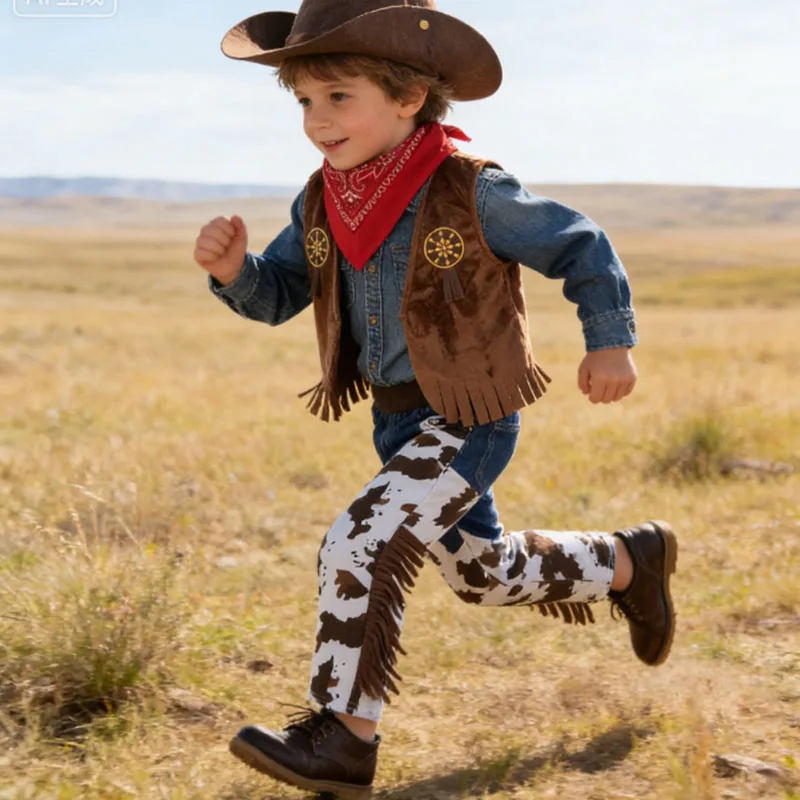 Kids Western Cowboy Outfits 4PCS Suits Baby Boys Costumes Vest+Scarf+Pants+Hats For Toddler Purim Party Birthday Event Costume
