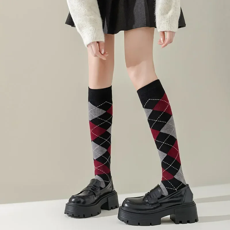 Wool Cashmere Socks Stockings Women Autumn Winter Thick Warm Knee Socks College Style Plaid JK Girls Long Socks Women Stockings