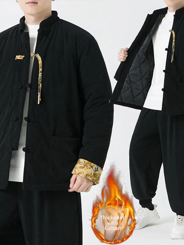 

Мужской из вельветового хлопка Thiened, зимний традиционный китайский винтажный костюм Тан на пуговицах, теплый длинный воротник-стойка